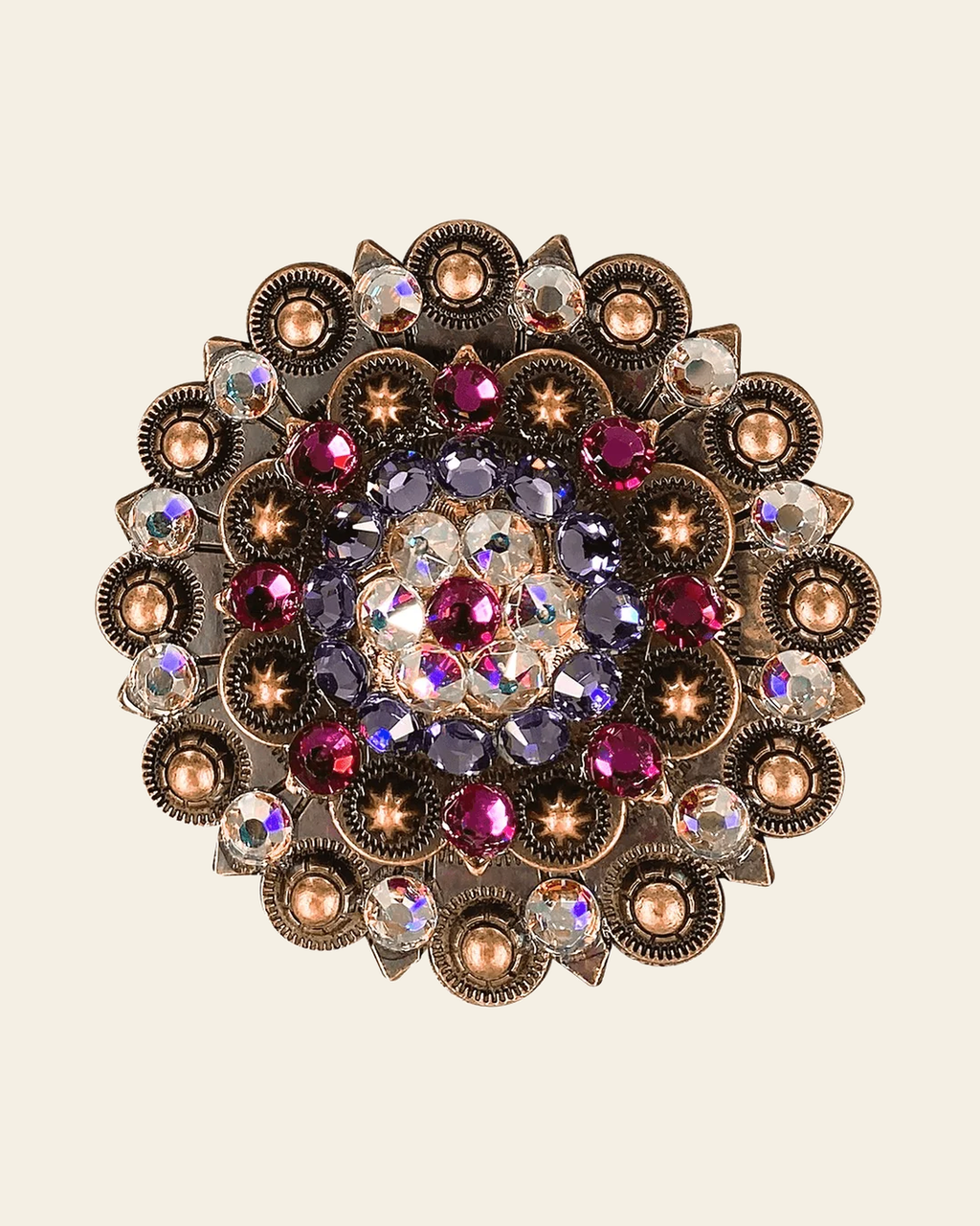 Fuchsia, AB & Lilac Copper Berry Jacket European Crystal on a warm cream background