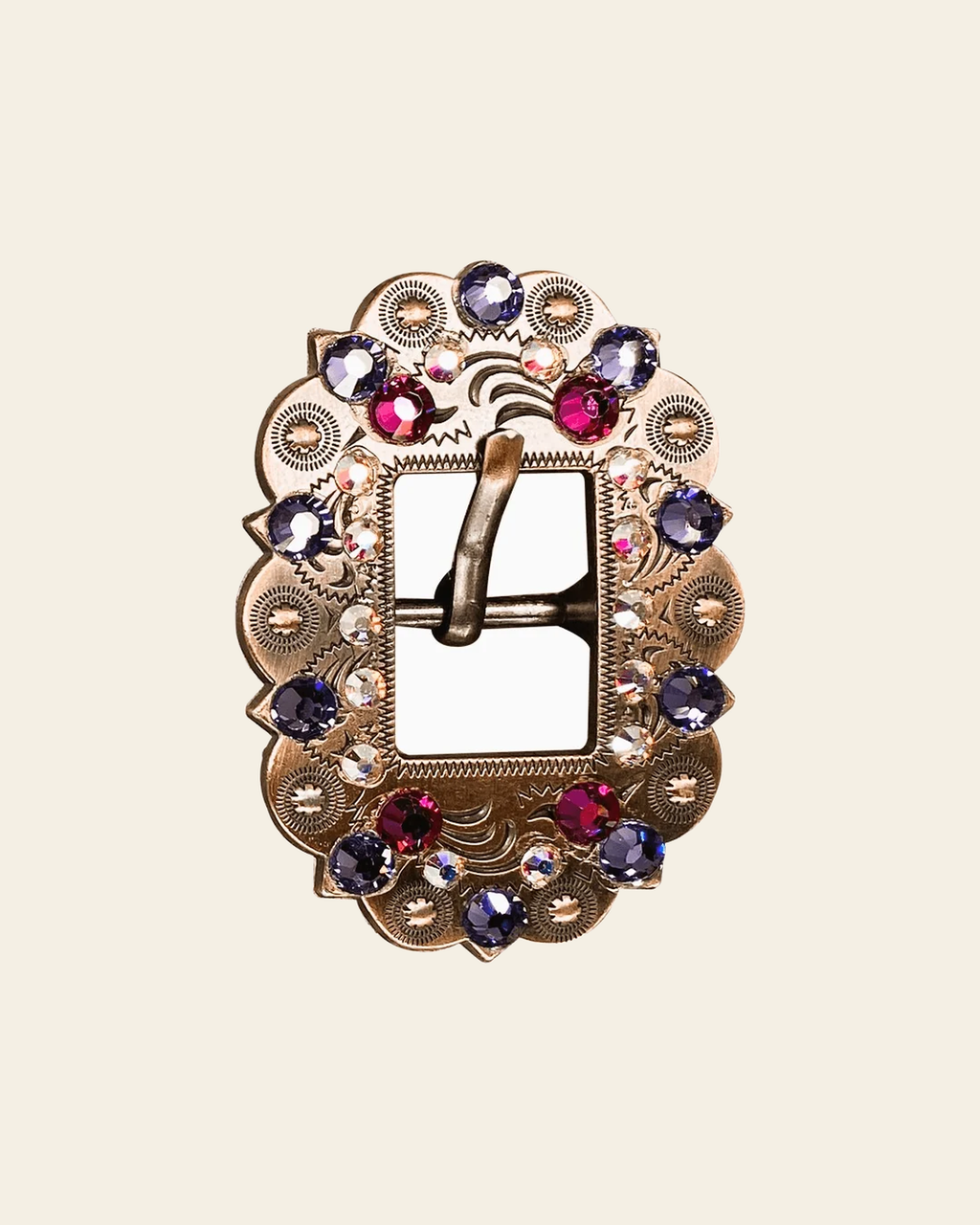 Fuchsia, AB & Lilac Copper European Crystal Cart Buckle on a warm cream background