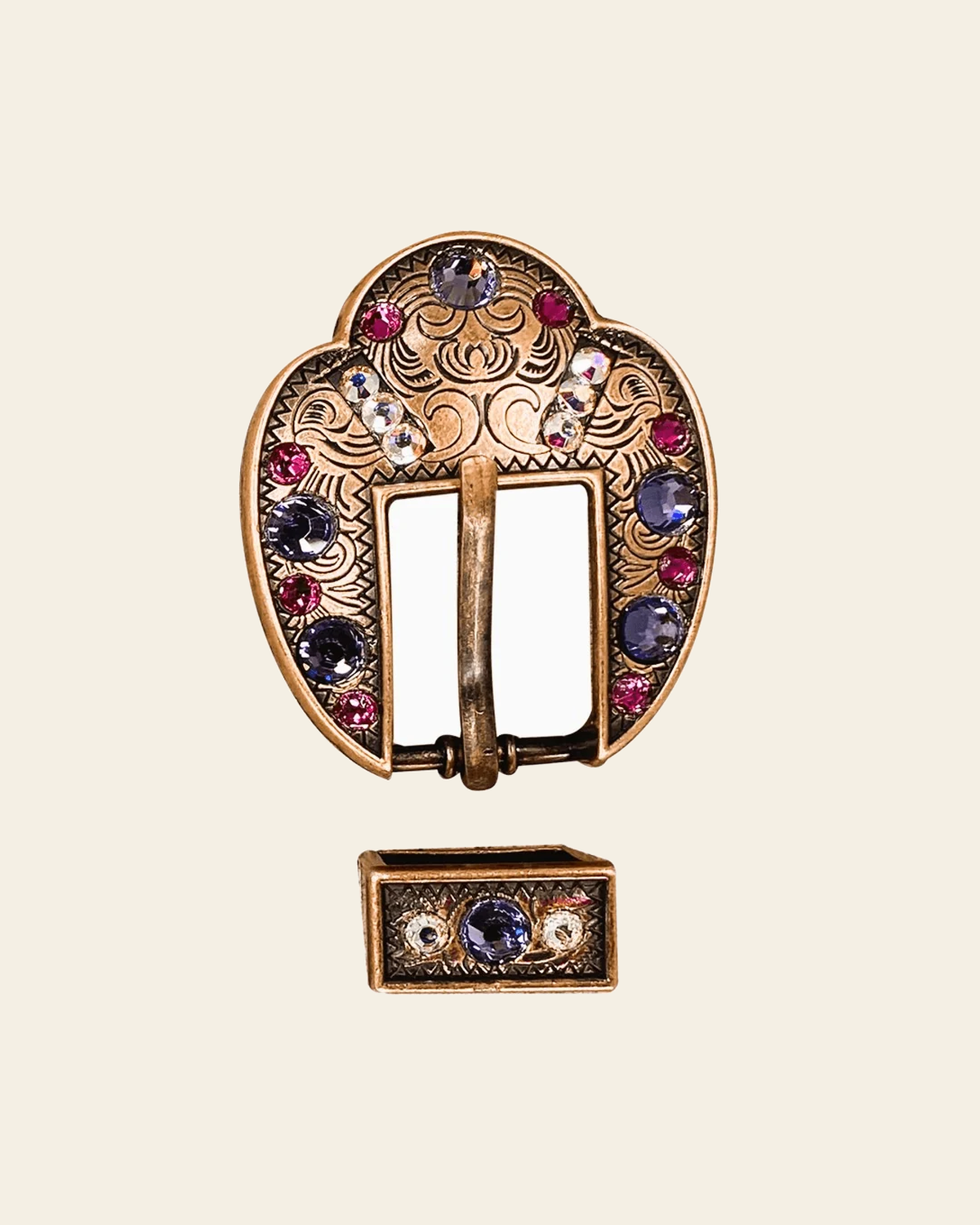 Fuchsia, AB & Lilac Copper European Crystal Fancy Buckle on a warm cream background