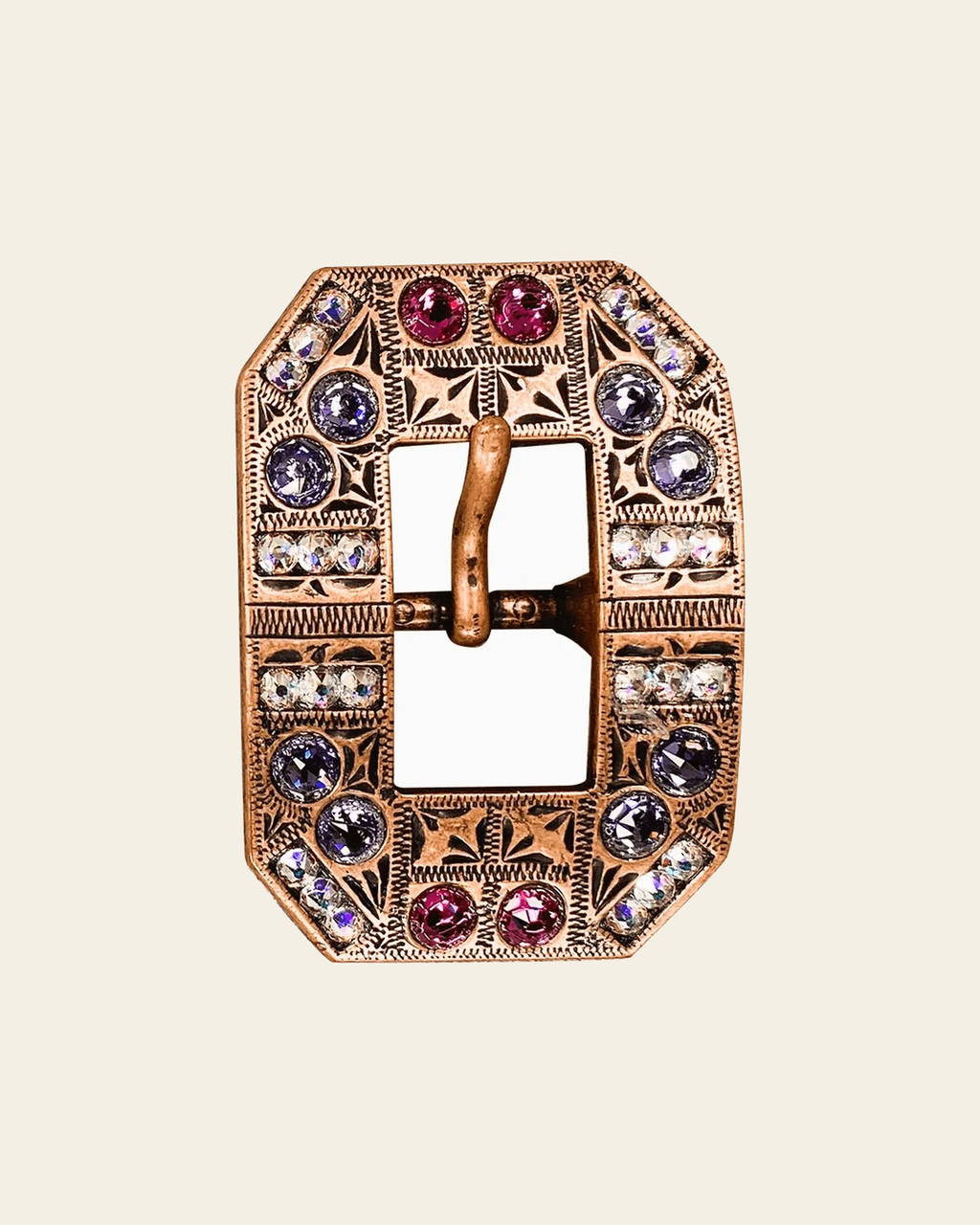 Fuchsia, AB & Lilac Copper European Crystal Square Cart Buckle on a warm cream background
