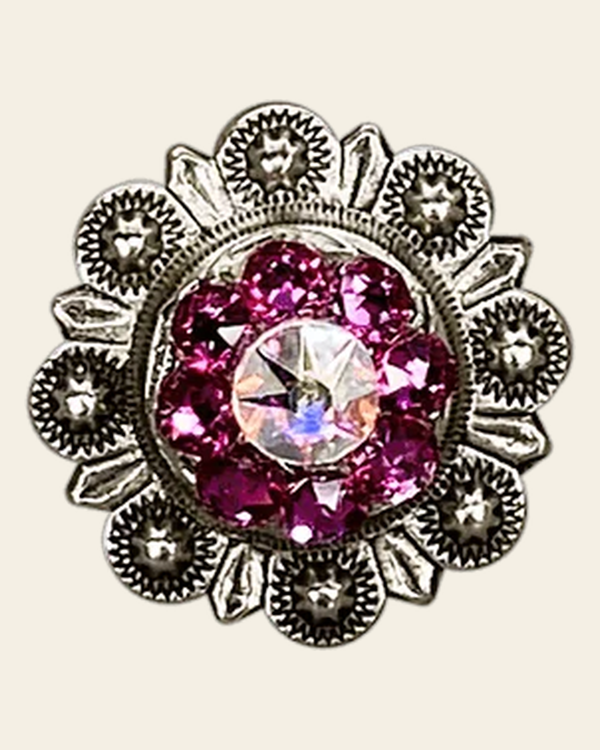 Fuchsia & AB Antique Silver 1" European Crystal Concho on a warm cream background