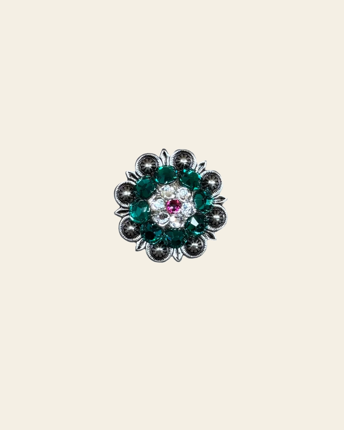 Fuchsia, Clear & Emerald Antique Silver 1.25" European Crystal Concho on a warm cream background