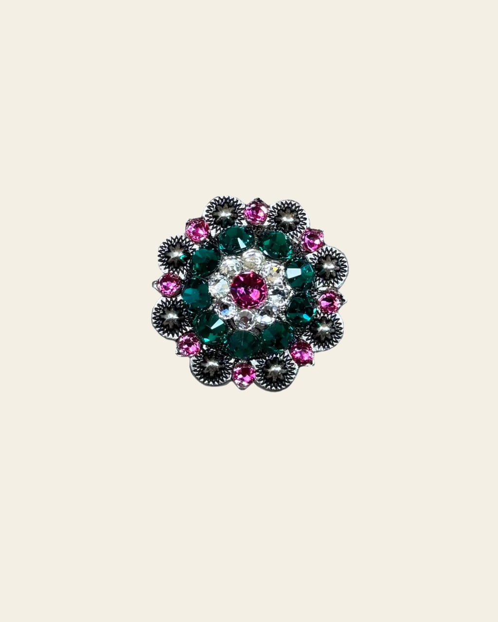 Fuchsia, Clear & Emerald Antique Silver 1.5" European Crystal Concho on a warm cream background