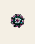 Fuchsia, Clear & Emerald Antique Silver 1.5" European Crystal Concho on a warm cream background