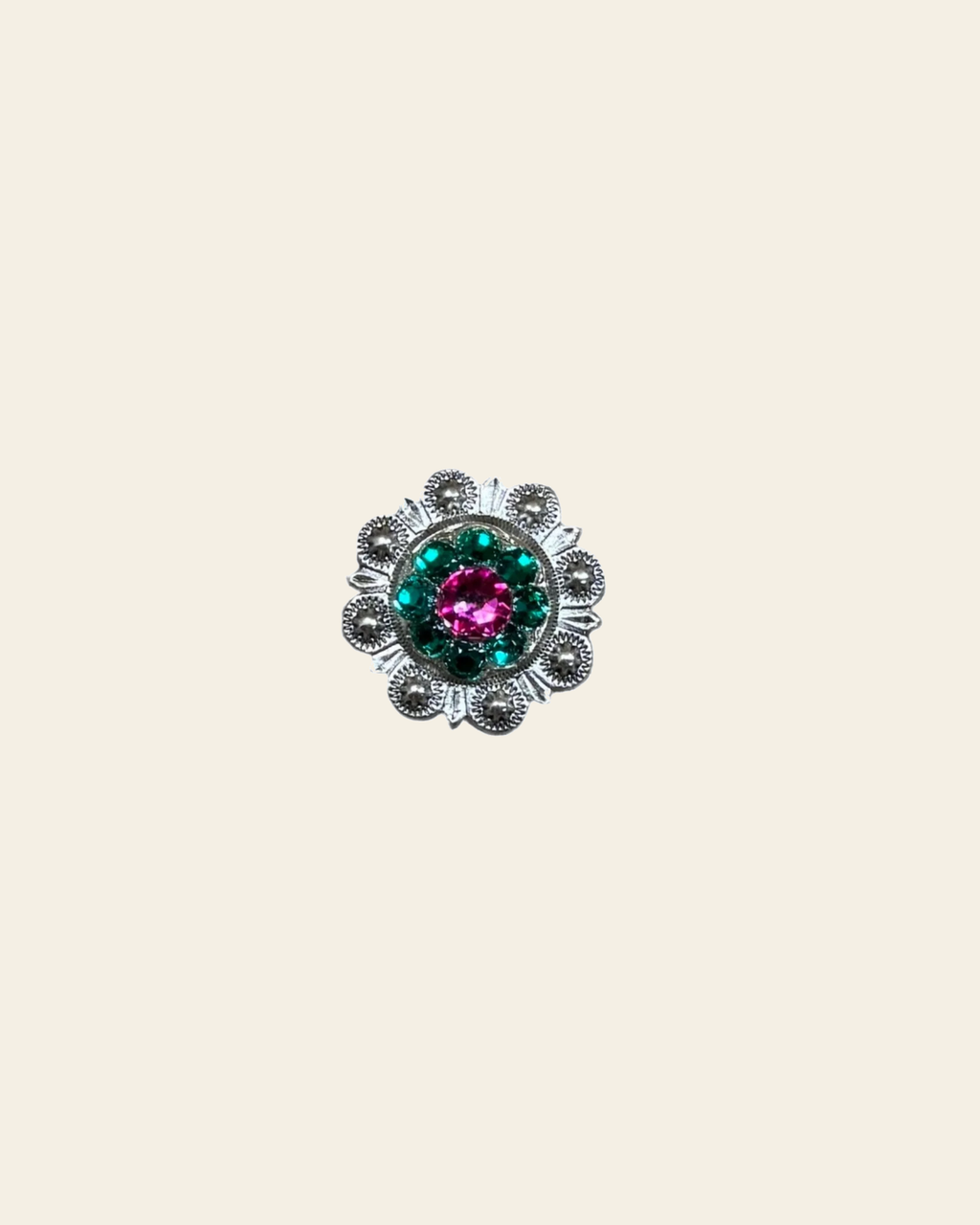 Fuchsia, Clear & Emerald Antique Silver 1" European Crystal Concho on a warm cream background