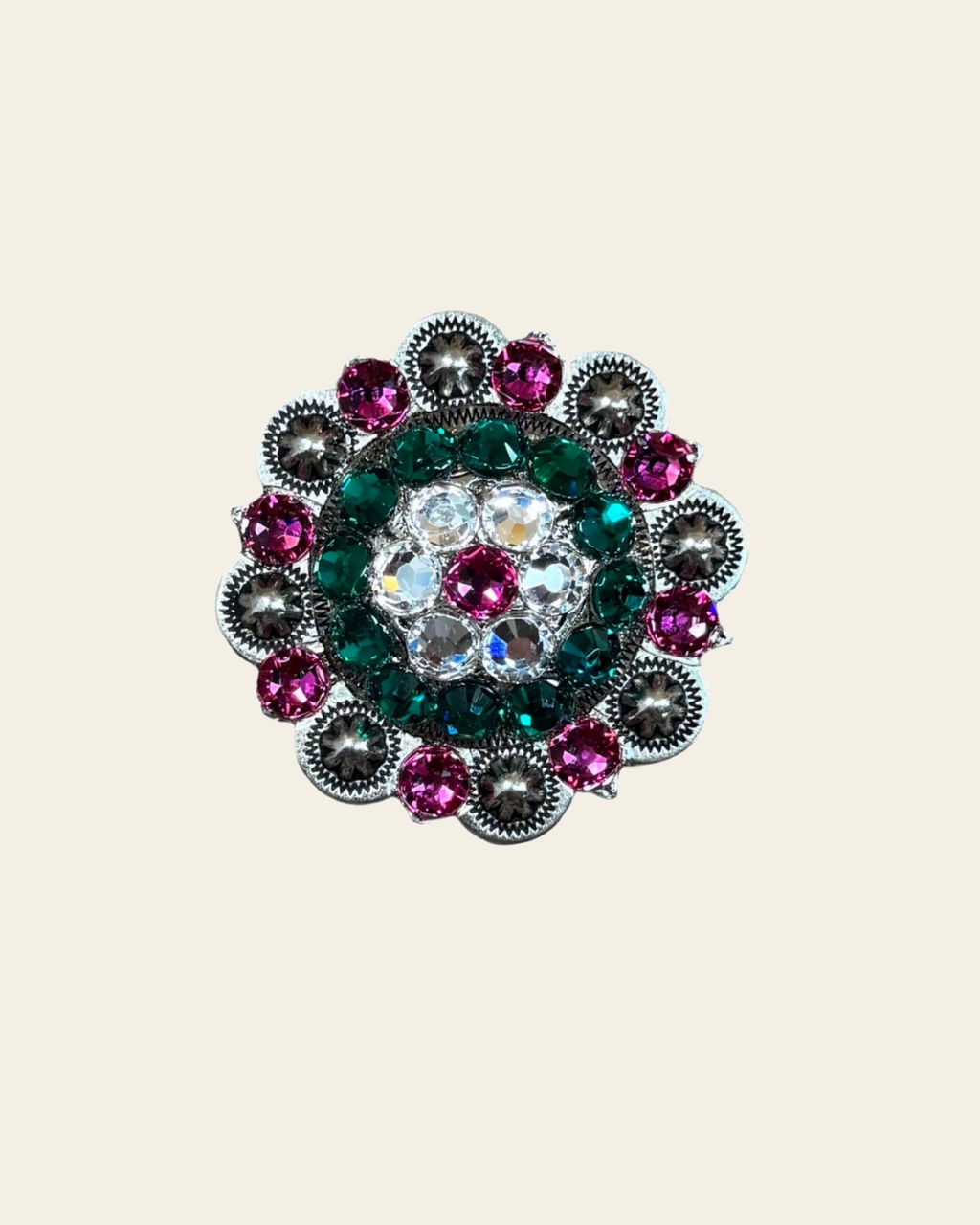 Fuchsia, Clear & Emerald Antique Silver 2" European Crystal Concho on a warm cream background