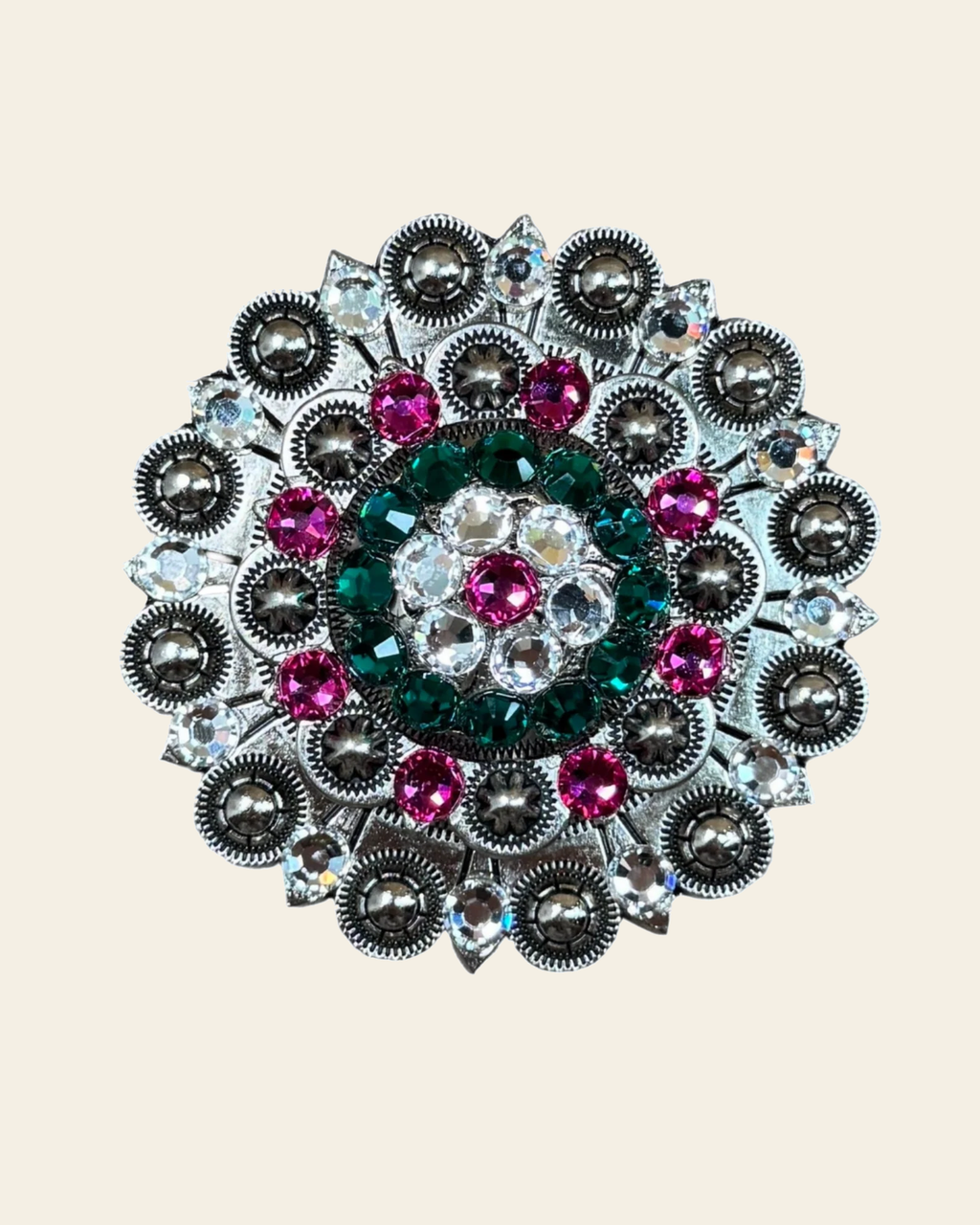 Fuchsia, Clear & Emerald Antique Silver Berry Jacket European Crystal Concho on a warm cream background