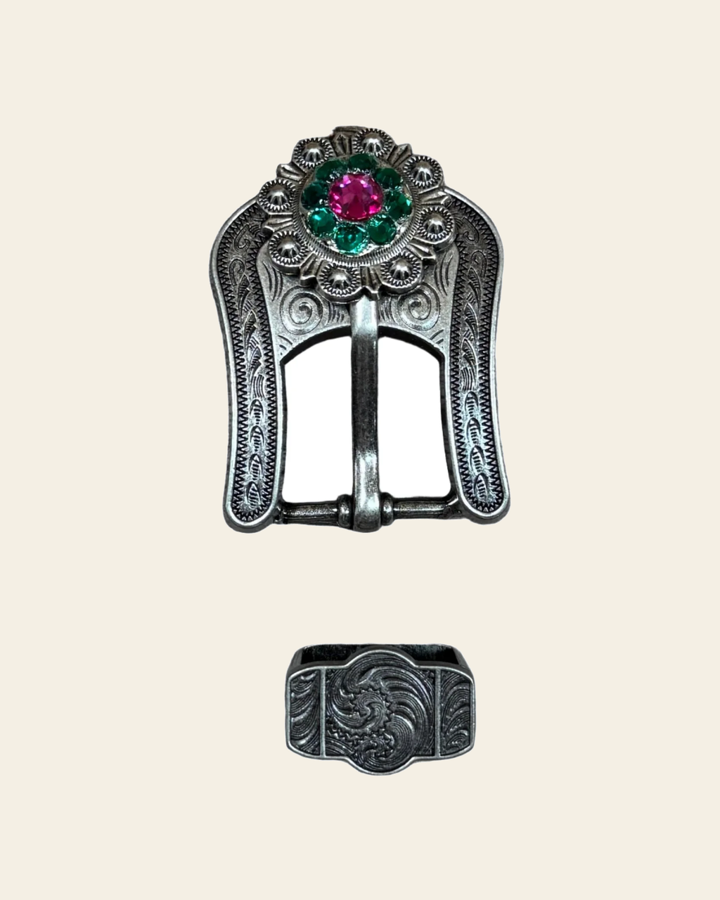 Fuchsia, Clear & Emerald Antique Silver Buckle Keeper Set European Crystal Concho on a warm cream background