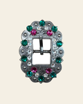 Fuchsia, Clear & Emerald Antique Silver Cart Buckle European Crystal Concho on a warm cream background