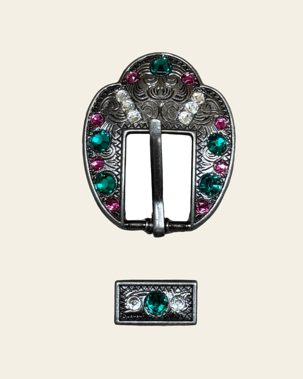Fuchsia, Clear & Emerald Antique Silver Fancy Buckle European Crystal Concho on a warm cream background