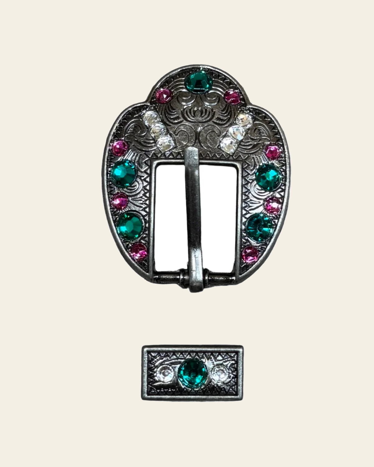 Fuchsia, Clear & Emerald Antique Silver Fancy Buckle European Crystal Concho on a warm cream background