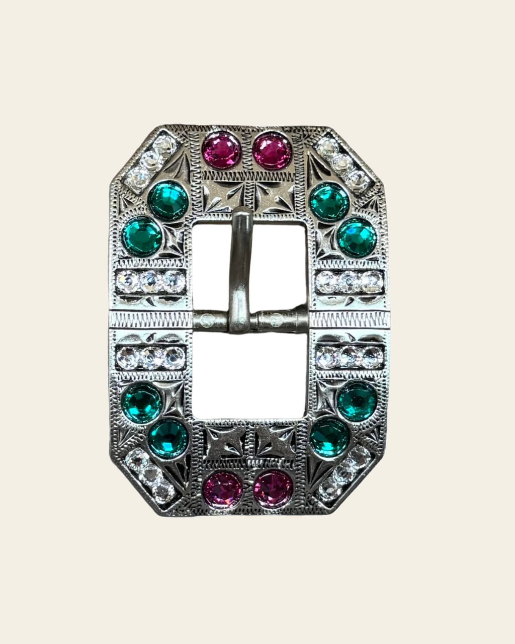 Fuchsia, Clear & Emerald Antique Silver Square Cart Buckle European Crystal Concho on a warm cream background