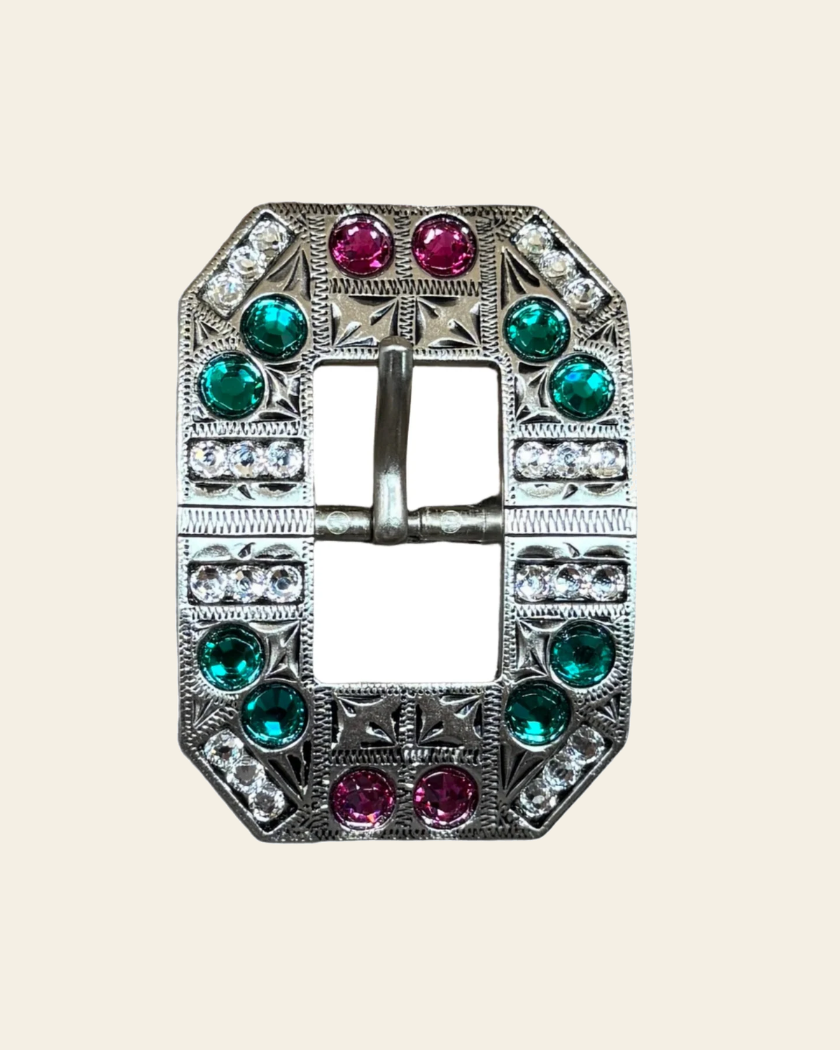 Fuchsia, Clear & Emerald Antique Silver Square Cart Buckle European Crystal Concho on a warm cream background