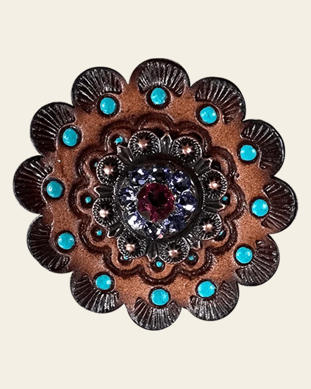 Fuchsia & Lilac Copper 1" European Crystal Concho and Leather Rosette on a warm cream background