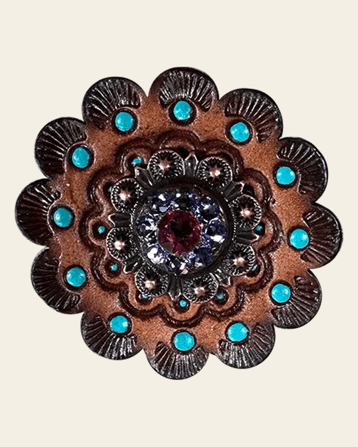 Fuchsia & Lilac Copper 1" European Crystal Concho and Leather Rosette on a warm cream background