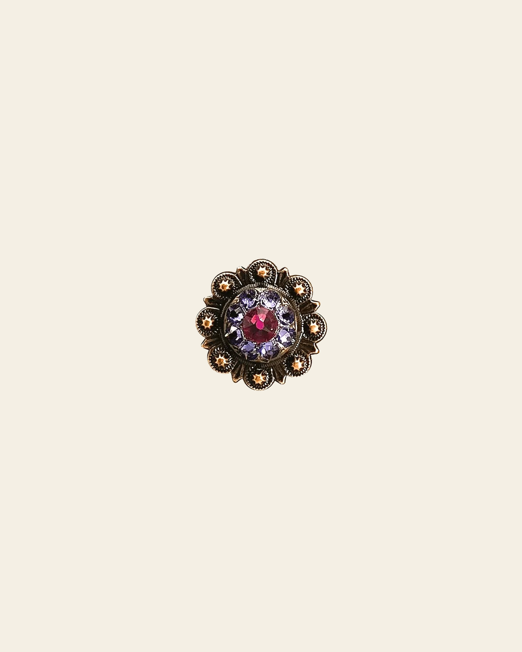 Fuchsia & Lilac Copper 1" European Crystal Concho on a warm cream background