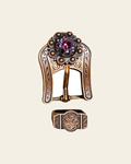 Fuchsia & Lilac Copper European Crystal Buckle and Keeper Set on a warm cream background