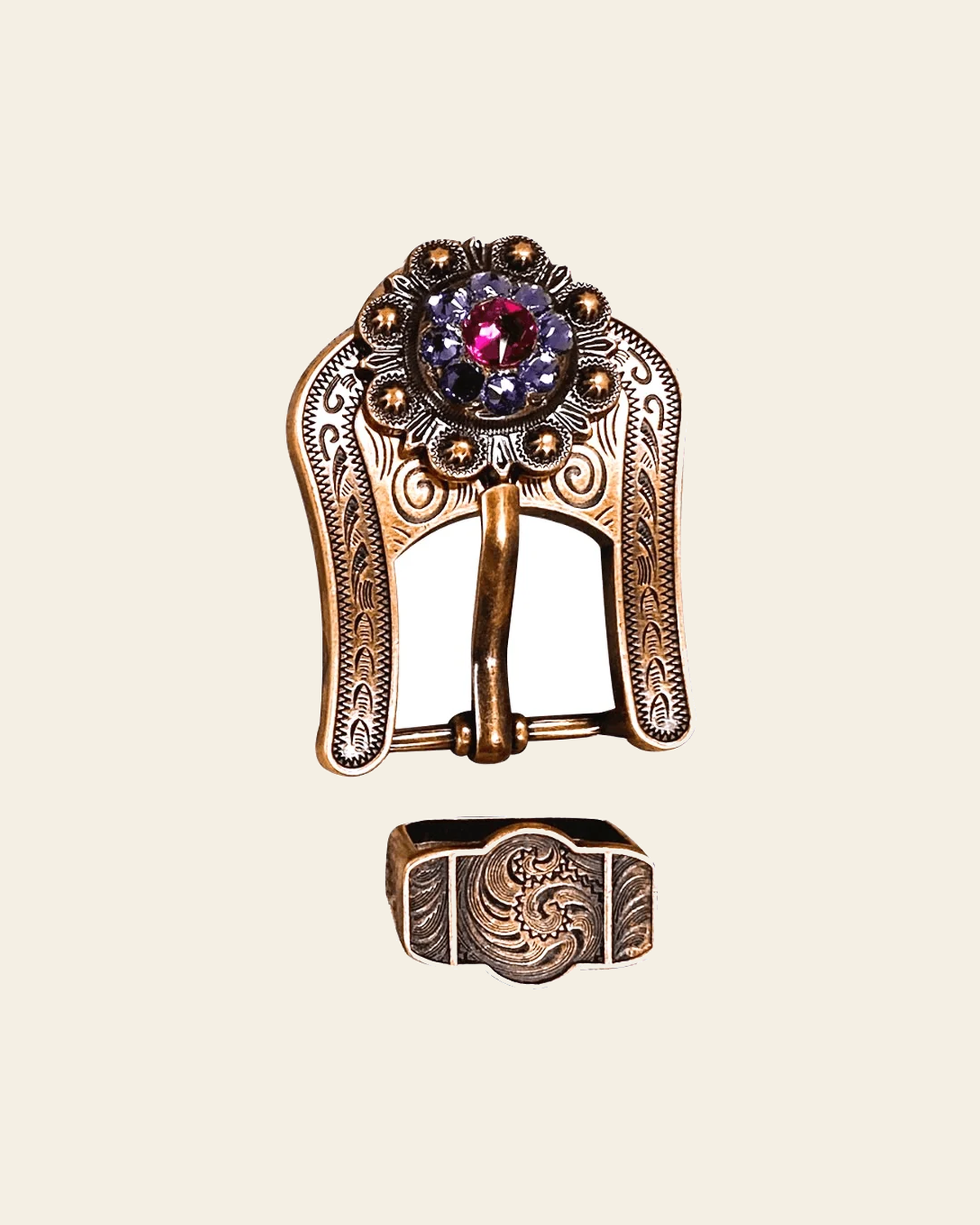 Fuchsia & Lilac Copper European Crystal Buckle and Keeper Set on a warm cream background