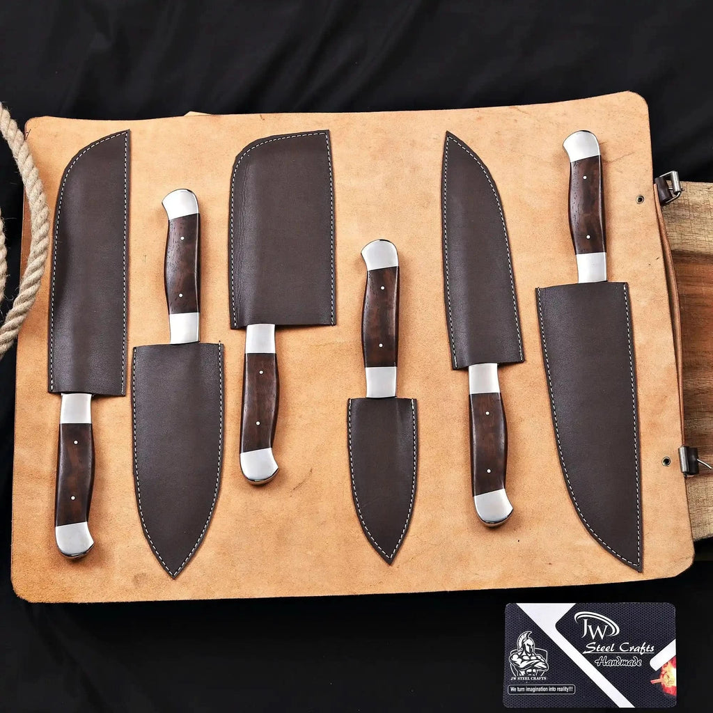 6-Piece High Carbon Steel Kitchen Knife Set with Leather Roll — Olive Wood Handles, Steel Bolsters, 7 to 12 Inc
