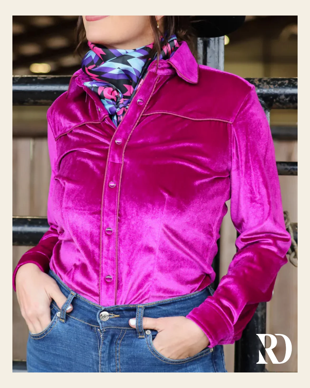 Fuchsia Velvet Performance Rodeo Shirt on a warm cream background