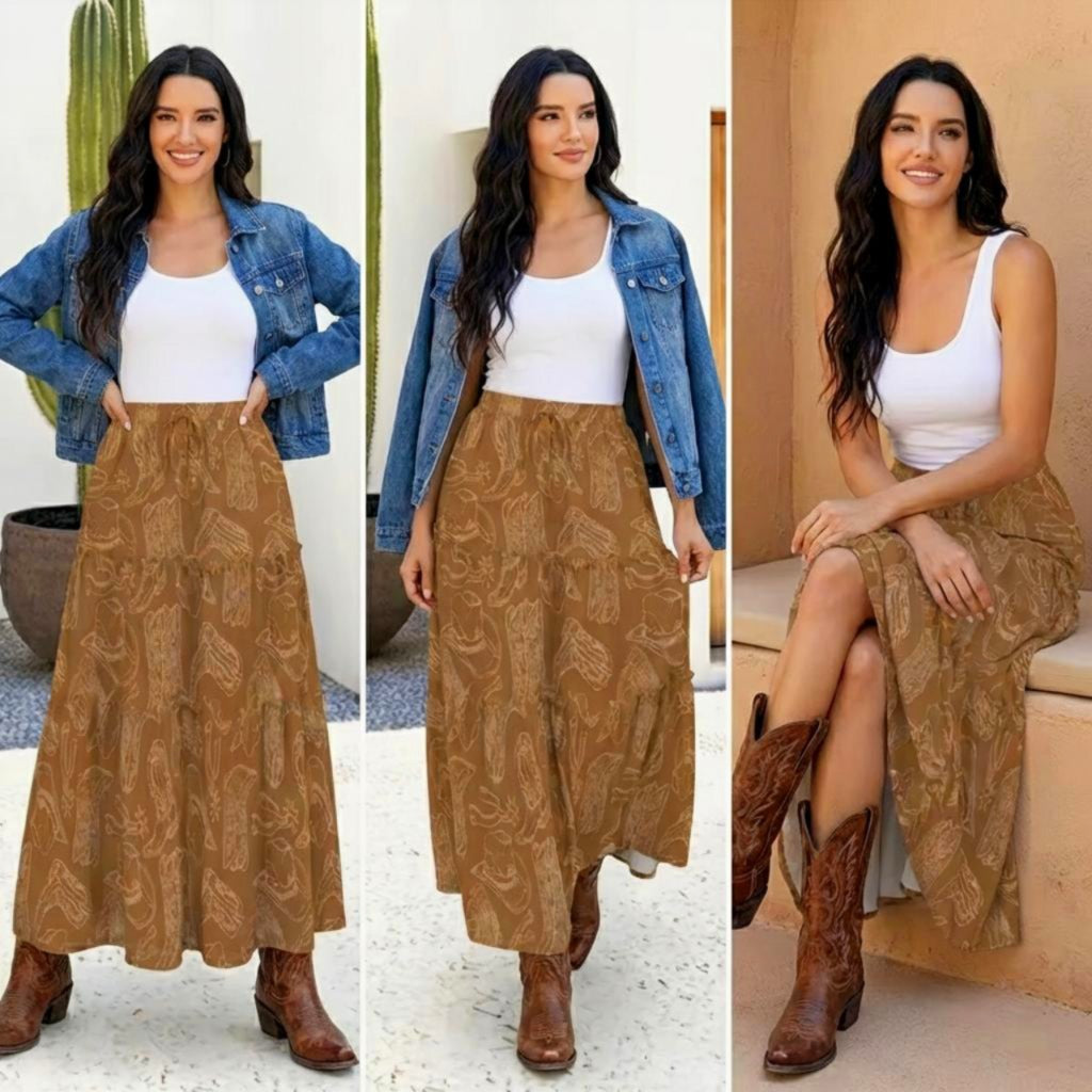 Baha Ranch Western Boot Print Tiered Prairie Maxi Skirt by Baha Ranch Western Wear - product image 2