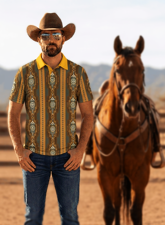 Baha Ranch Brown Gold Aztec Polo Shirt by Baha Ranch Western Wear