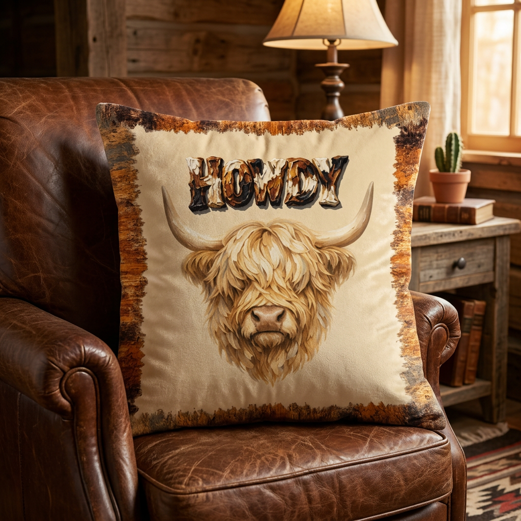 Baha Ranch Velvety Soft Howdy Highland Pillow Cover Made in America by Baha Ranch Western Wear