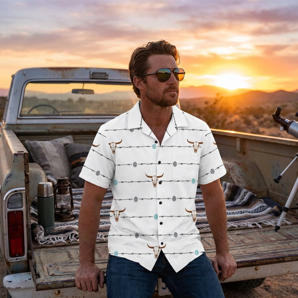 Baha Ranch White Bullhead Aztec Hawaiian Shirt Made in America by Baha Ranch Western Wear