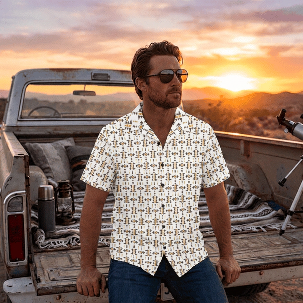 Baha Ranch White Aztec Hawaiian Shirt Made in America by Baha Ranch Western Wear