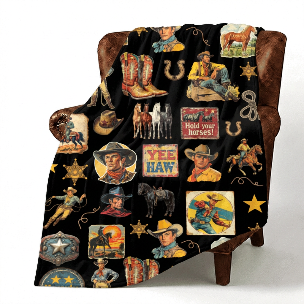 Baha Ranch Vintage Cowboy Collage Western Ultra Soft Minky Throw Blanket 60" x 80" Made in America by Baha Ranch Western Wear