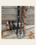 Genuine Leather Dog Collar or Leash with Copper Turquoise & Clear Conchos 10" - 22"|W138|DC78 on a warm cream background