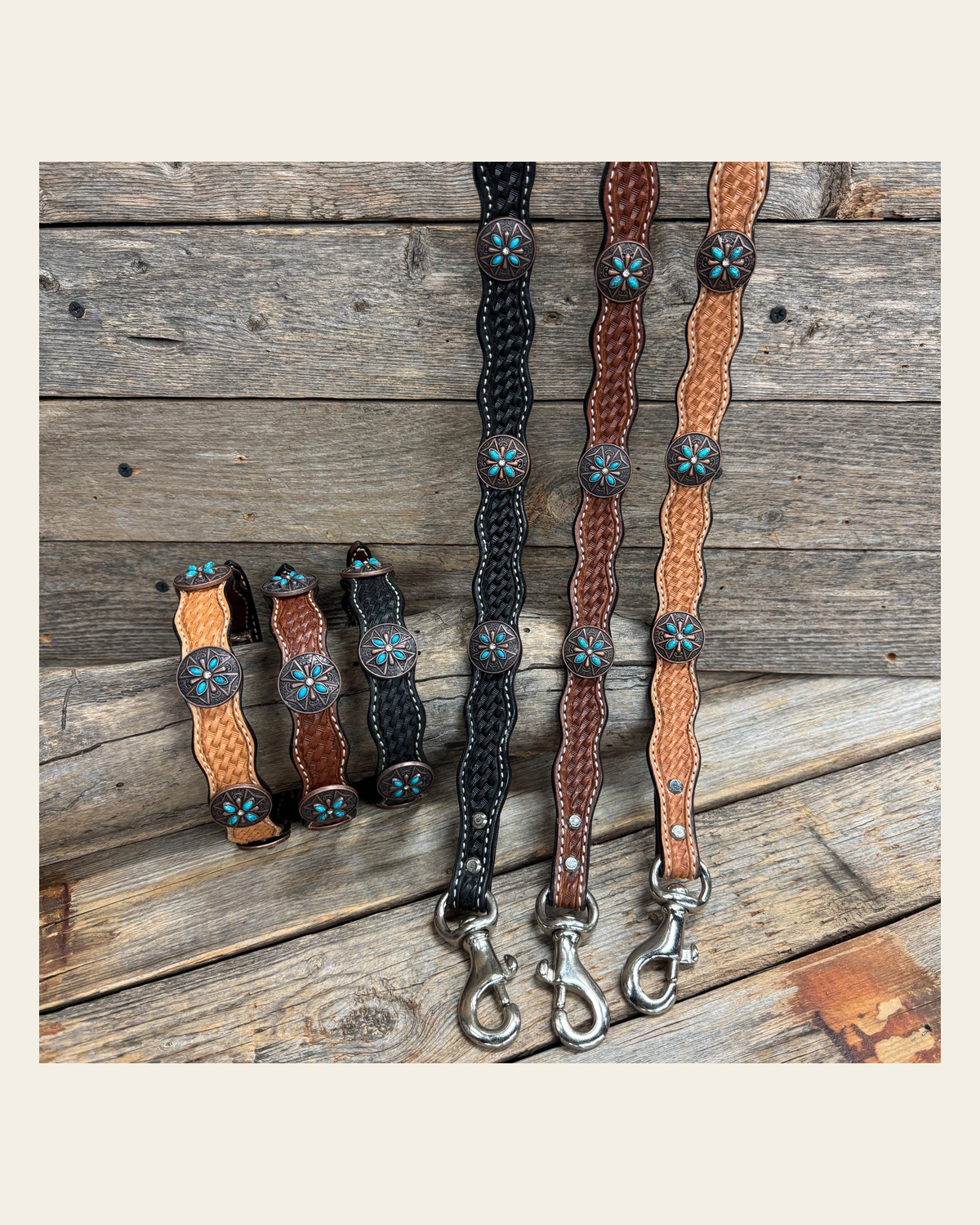 Genuine Leather Dog Collar or Leash with Copper Turquoise & Clear Conchos 10" - 22"|W138|DC78 on a warm cream background