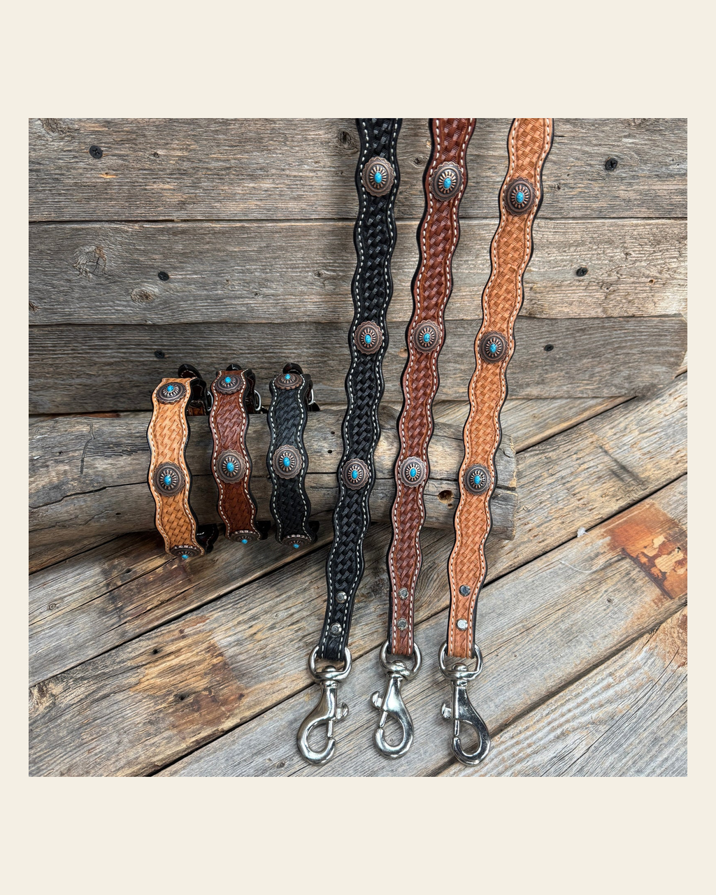 Genuine Leather Dog Collar or Leash With Oval Copper Turquoise Conchos 10" to 22" or W179S or DC76 on a warm cream background