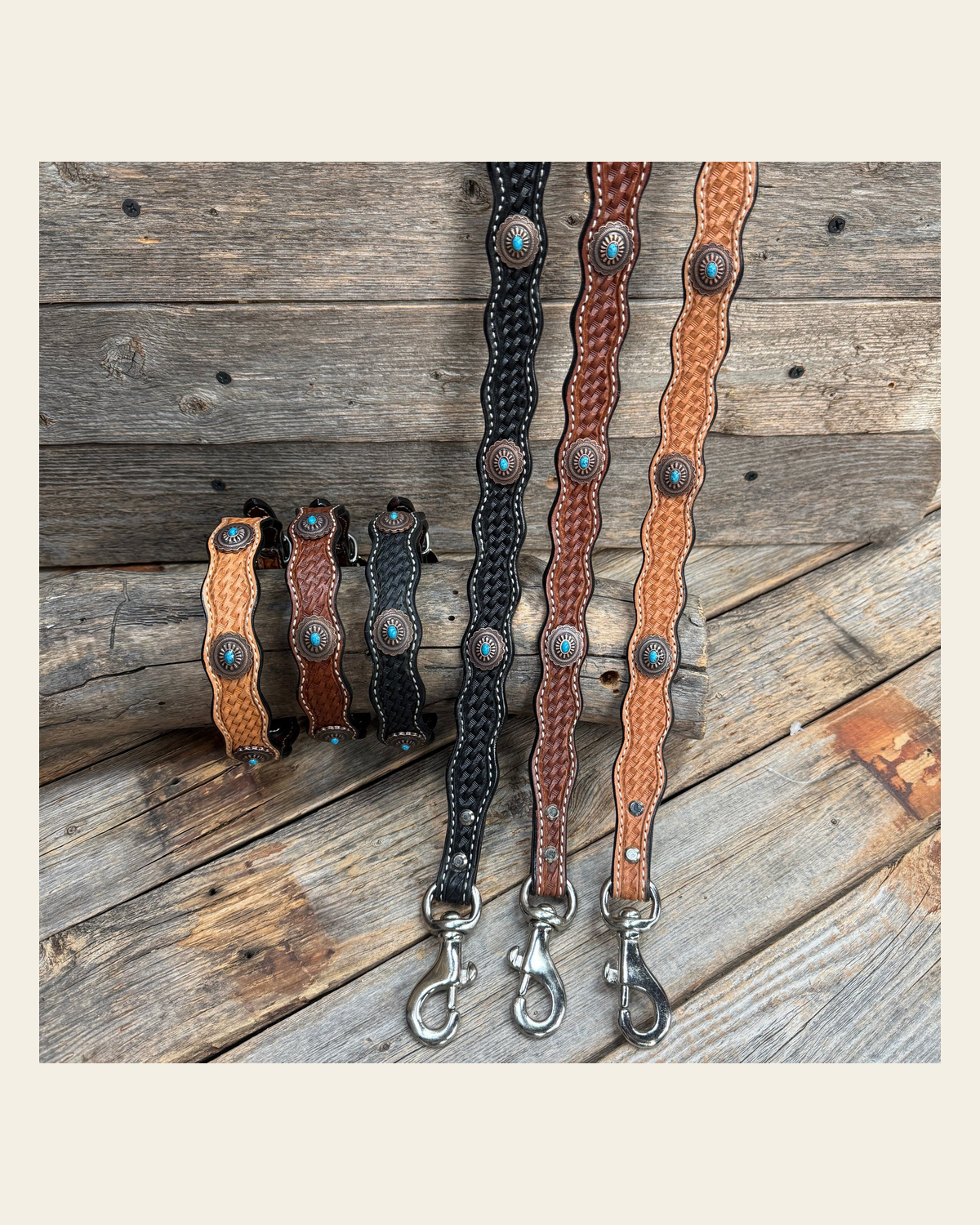 Genuine Leather Dog Collar or Leash With Oval Copper Turquoise Conchos 10" to 22" or W179S or DC76 on a warm cream background