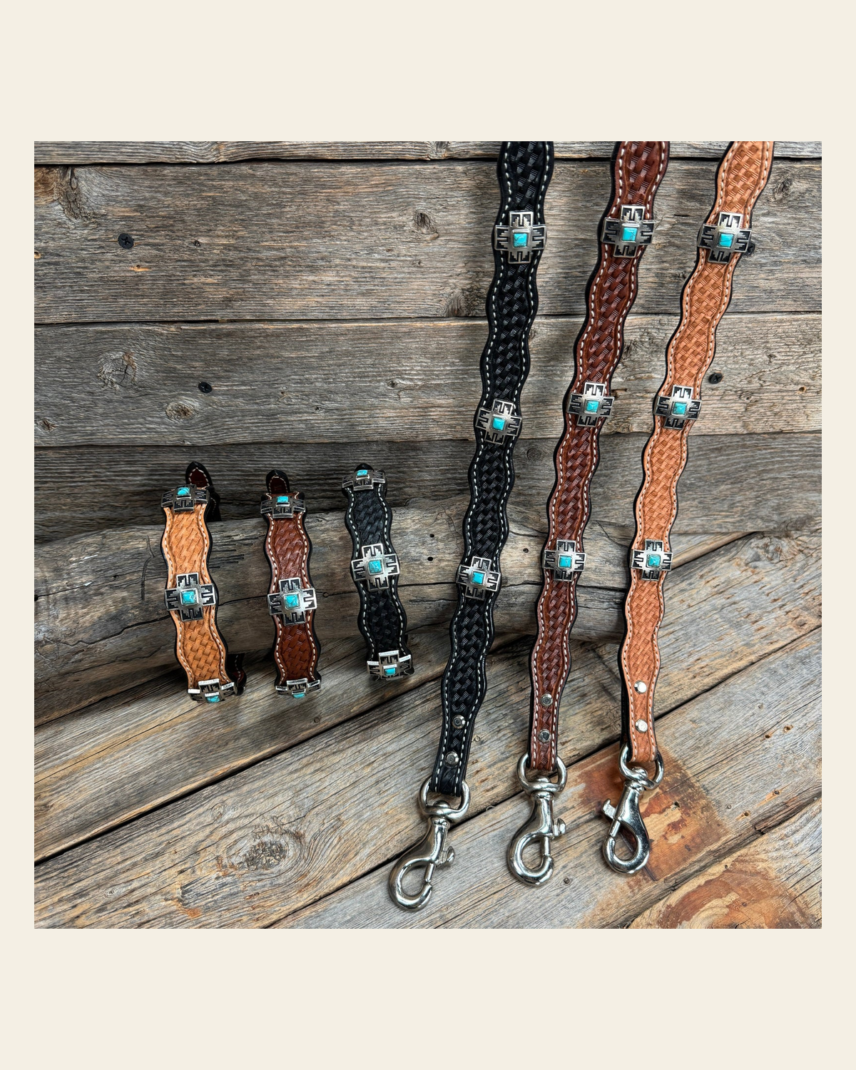 Genuine Leather Dog Collar or Leash With Antique Silver Southwest Conchos 12" to 22" W201S | DC79 on a warm cream background