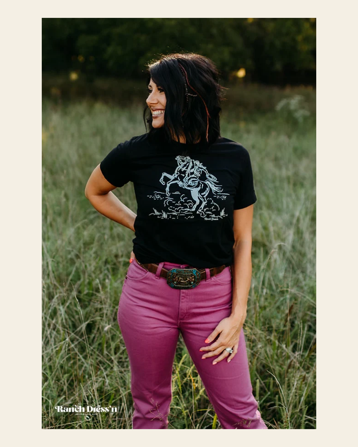 Giddy Up - Black Tee on a warm cream background