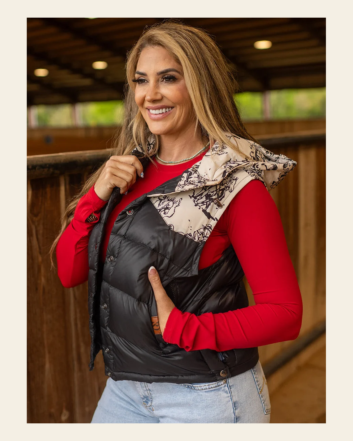 Giddy Up Puffer | Vest on a warm cream background
