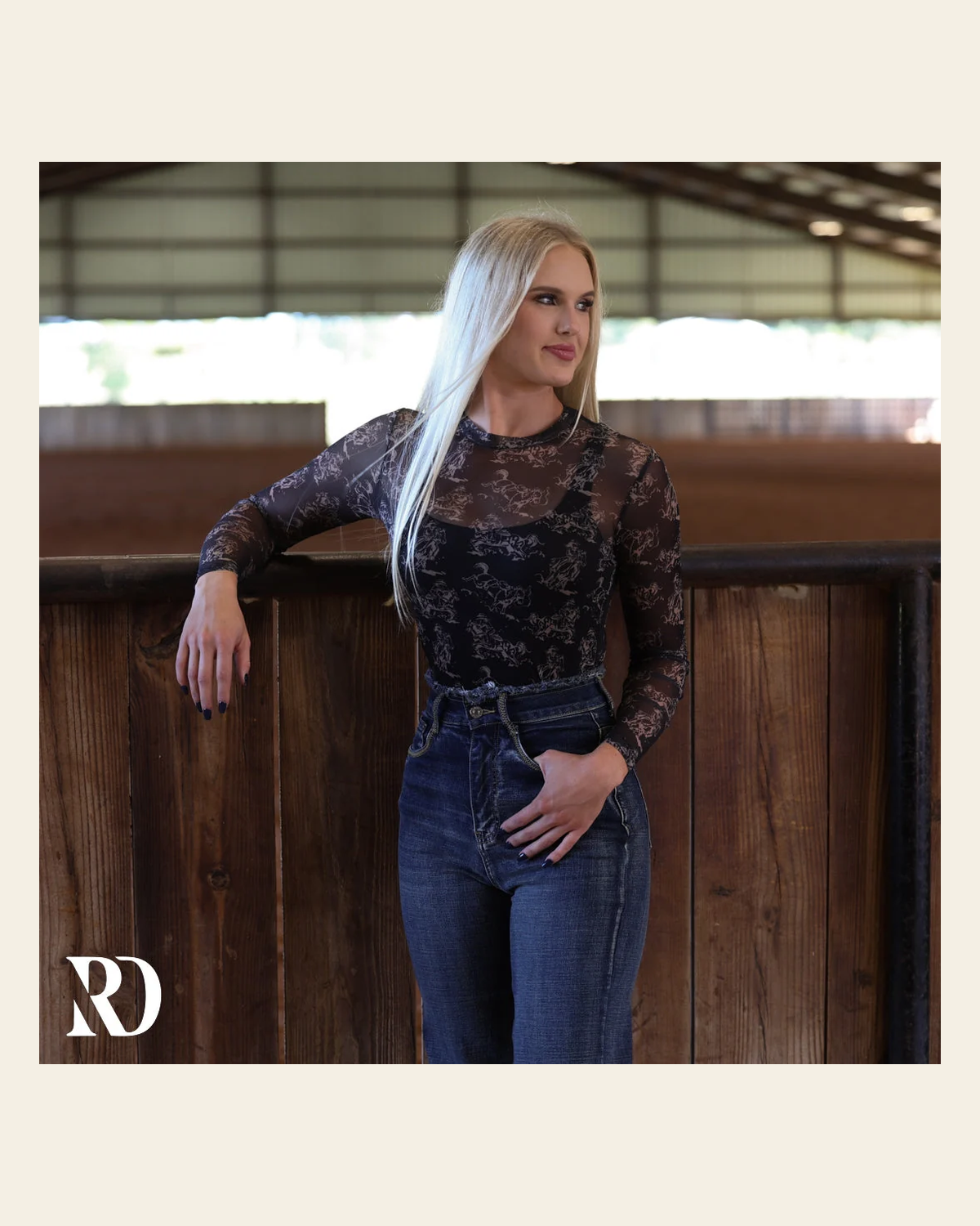 Giddy Up Mesh Layering Top on a warm cream background