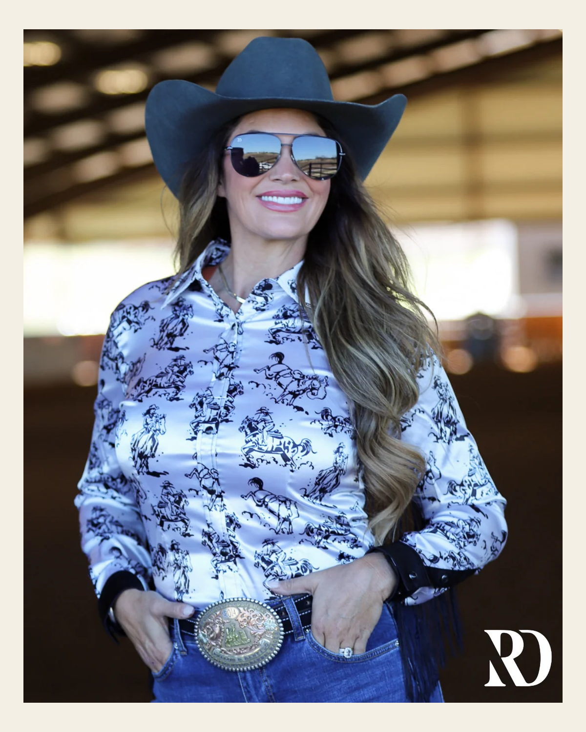 Giddy Up Satin & Fringe Performance Rodeo Shirt on a warm cream background