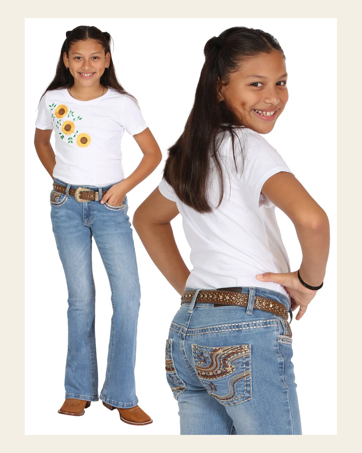 Girls Centenario Premium Bootcut Jeans - Blue Denim 45908 on a warm cream background