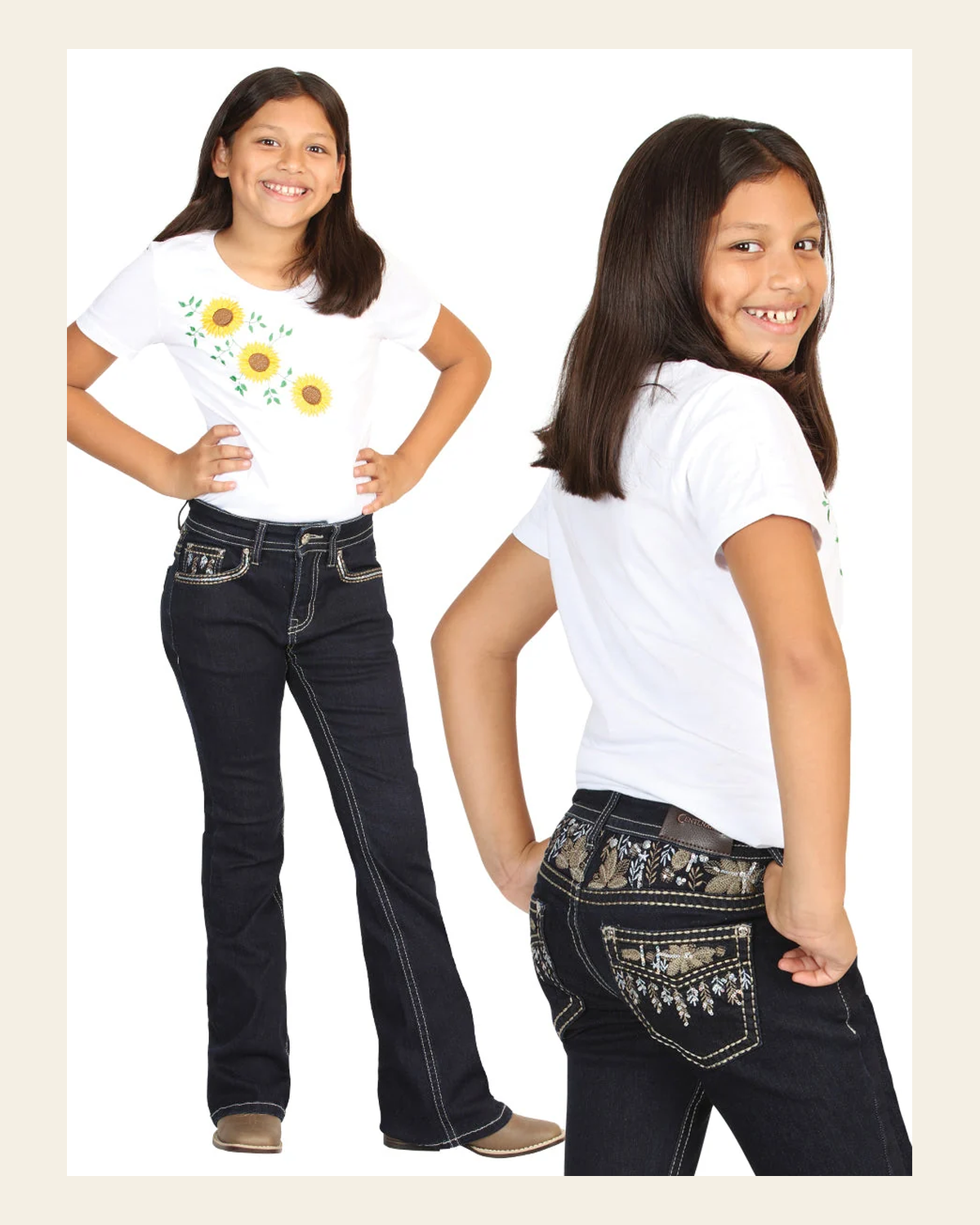 Girls Centenario Premium Bootcut Jeans - Dark Blue Denim 45839 on a warm cream background