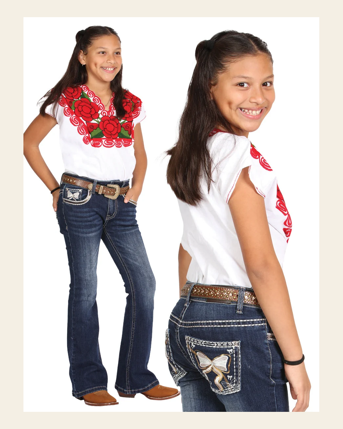 Girls Centenario Premium Bootcut Jeans - Dark Blue Denim 45909 on a warm cream background