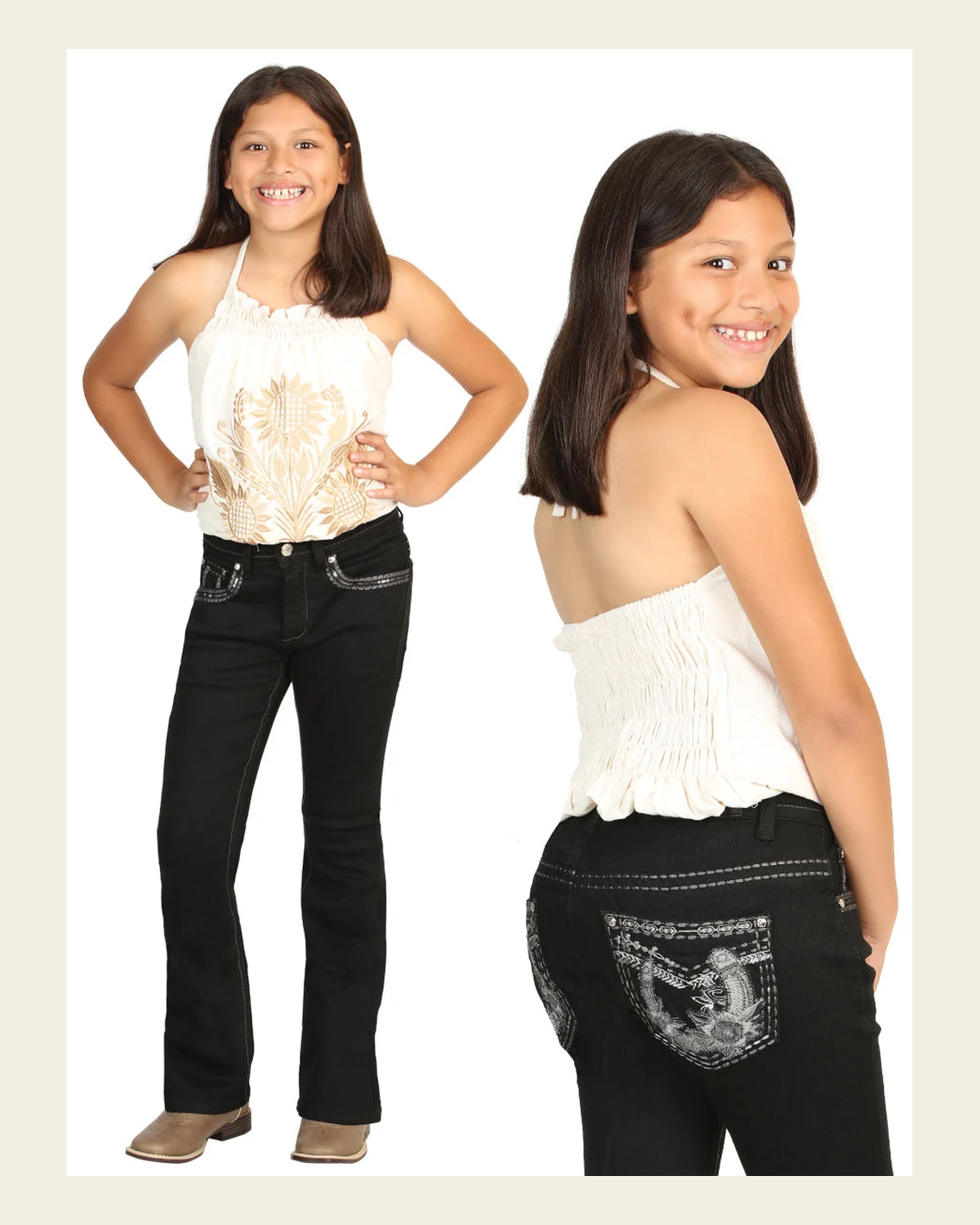 Girls Centenario Premium Bootcut Jeans - Black Denim 45835 on a warm cream background