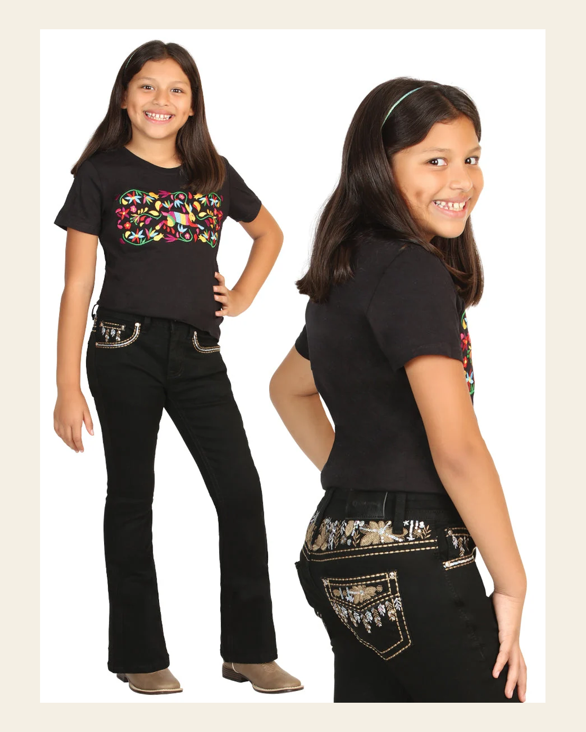 Girls Centenario Premium Bootcut Jeans - Black Denim 45838 on a warm cream background