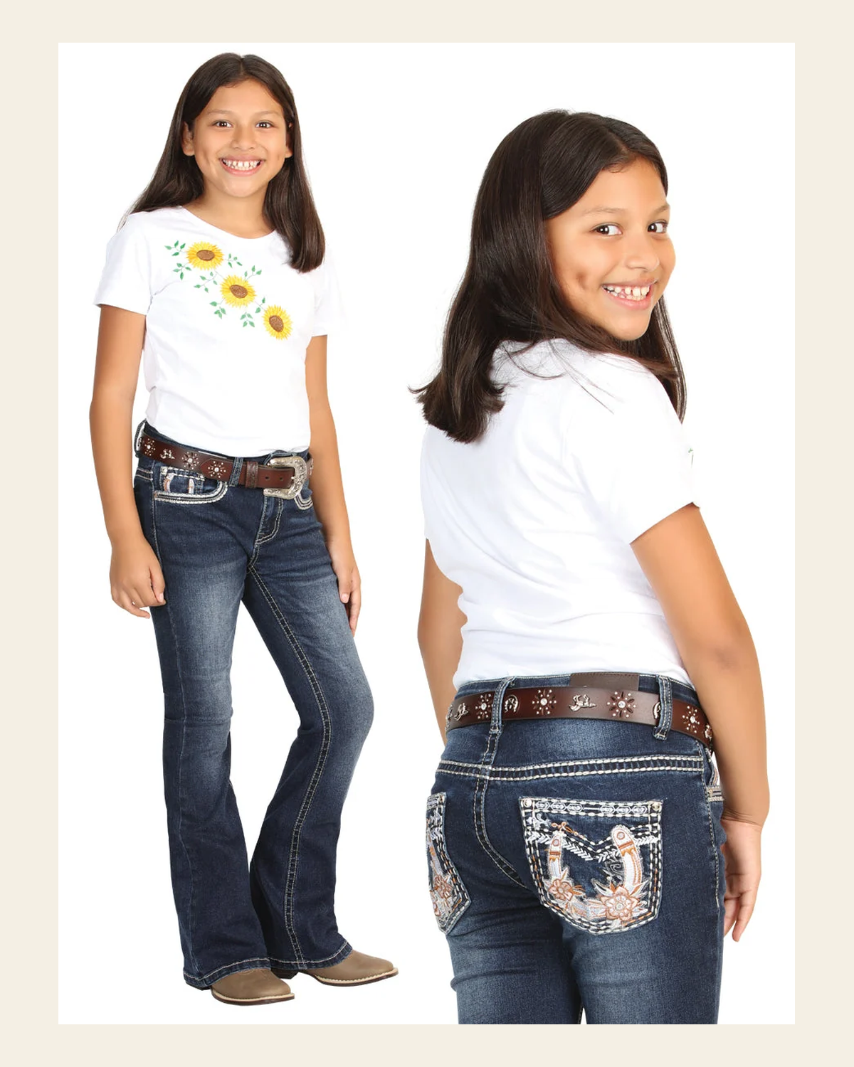 Girls Centenario Premium Bootcut Jeans - Dark Blue Denim 45836 on a warm cream background