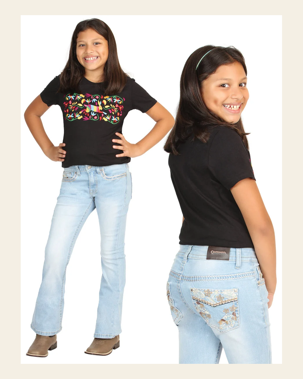 Girls Centenario Premium Bootcut Jeans - Light Blue Denim 45837 on a warm cream background