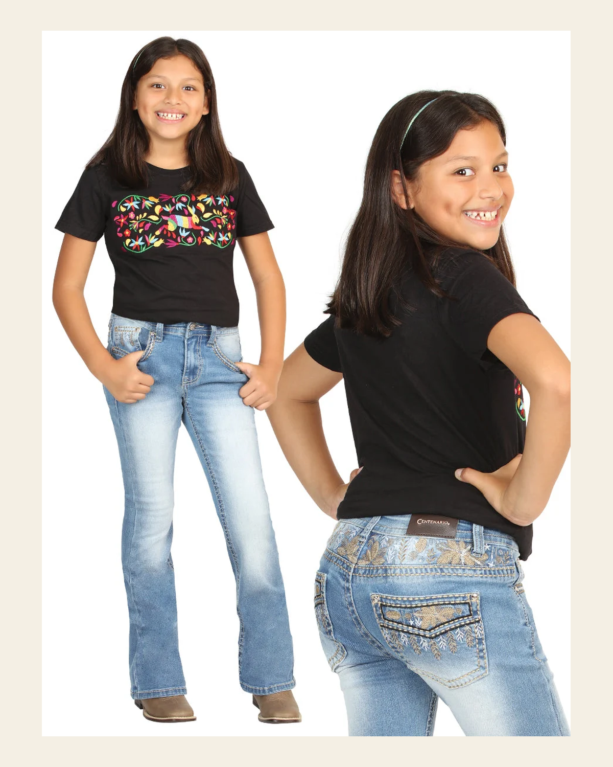 Girls Centenario Premium Bootcut Jeans - Light Blue Denim 45840 on a warm cream background