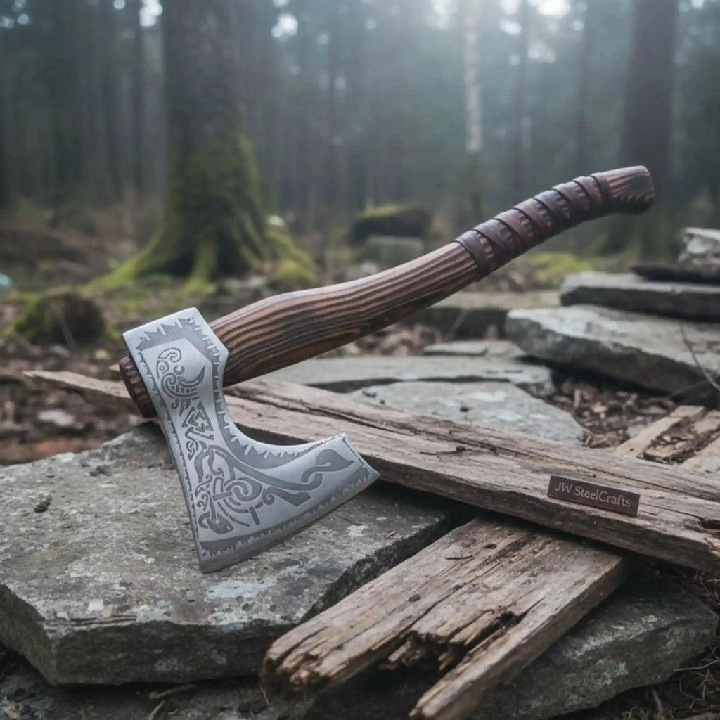 Engraved Carbon Steel Ragnar Axe with Bearded Head
