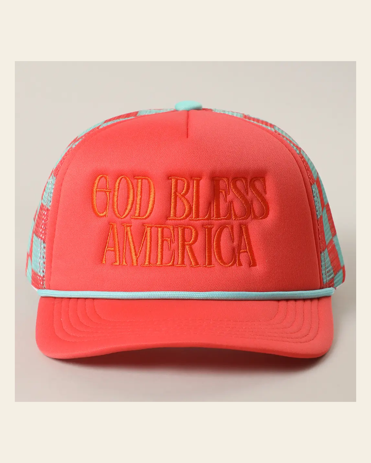 God Bless America Checkered Trucker | Cap on a warm cream background