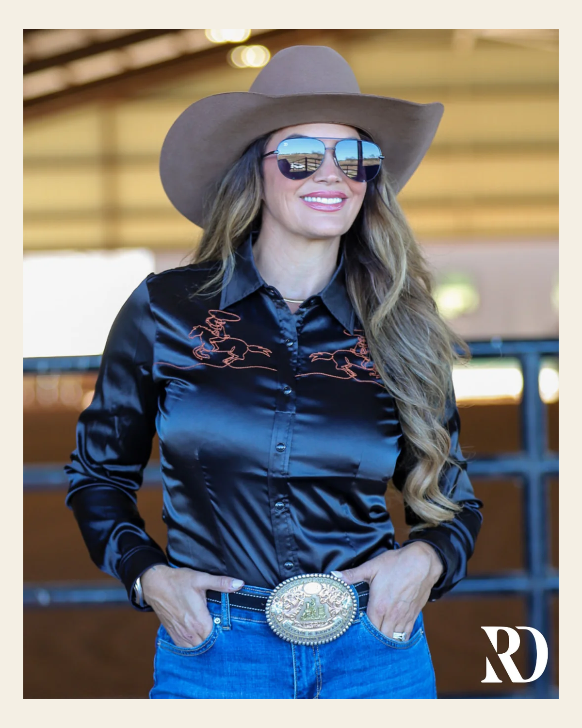 God Bless Good Horses Satin Performance Rodeo Shirt on a warm cream background